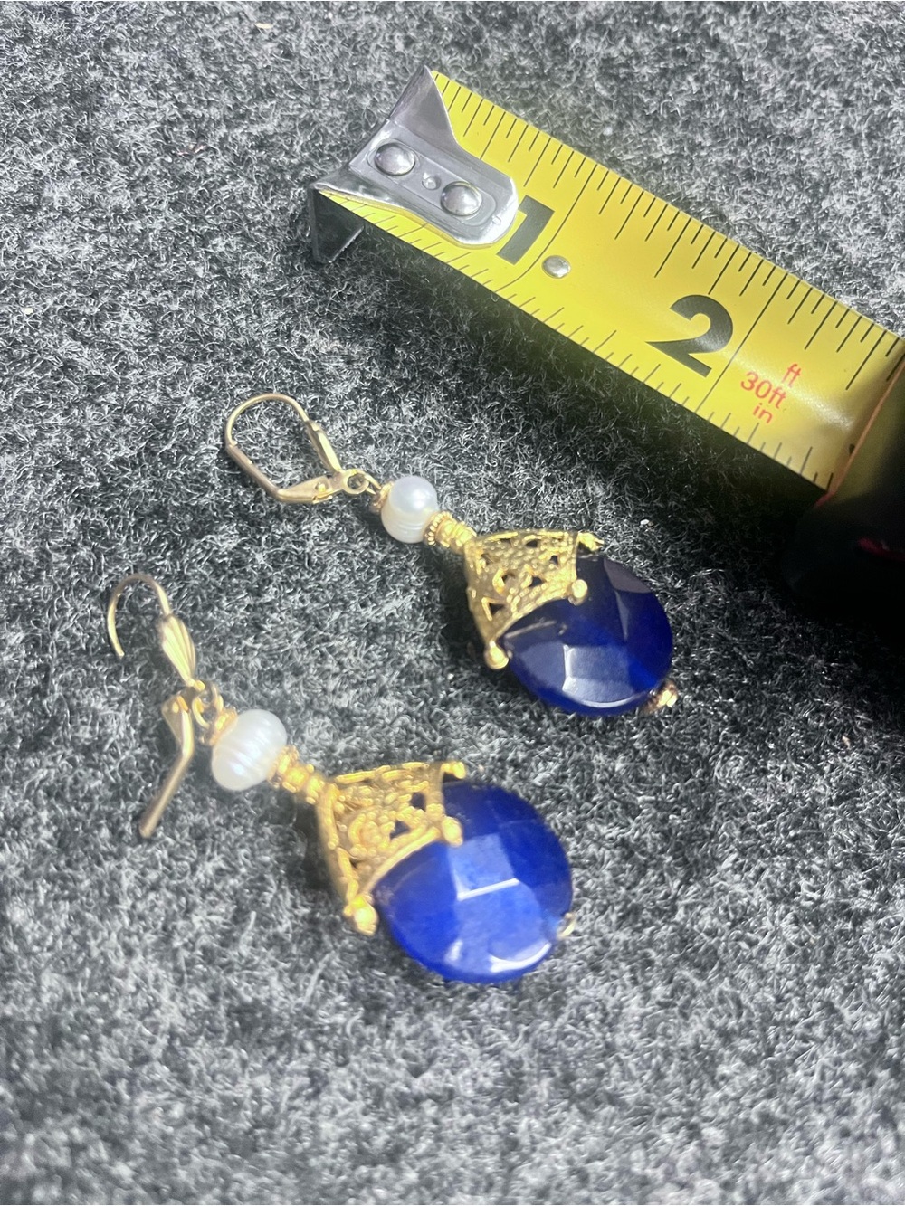 Gold Filigree Dangle Earrings with Deep Blue Gem and Pearl Accent